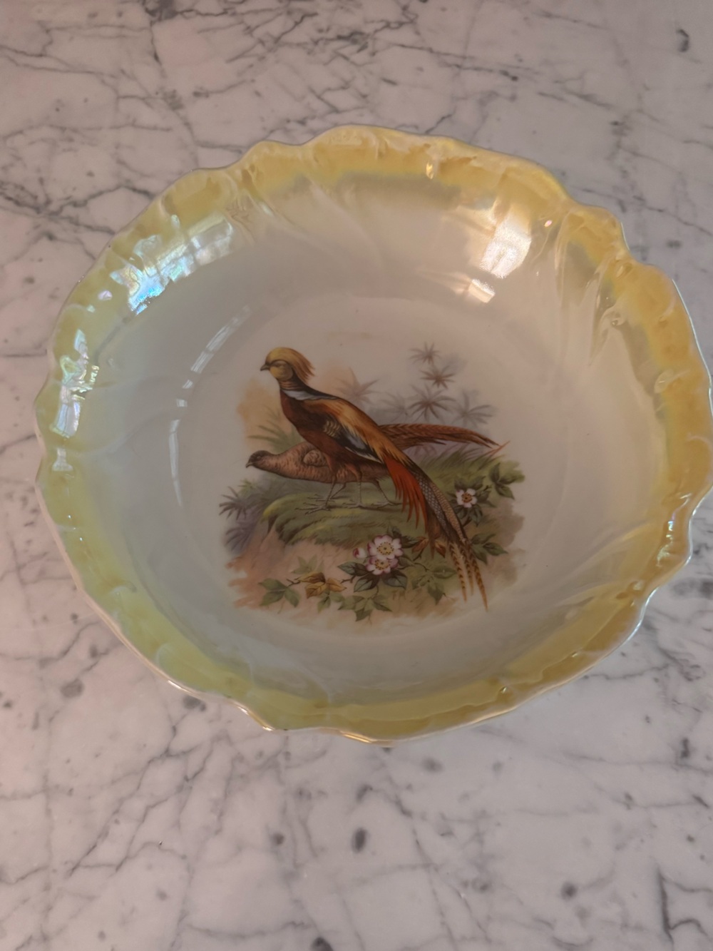 Antique pheasant lustreware bowl, 9x3. Like new